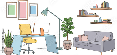 Modern Home Office Workspace with Furniture.