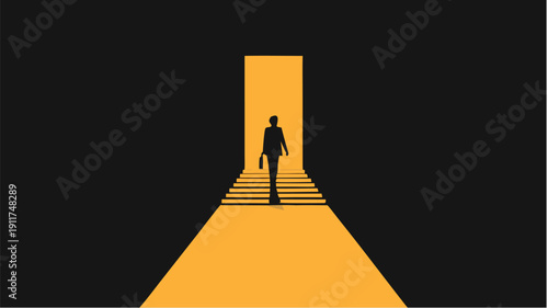 Businessman walking towards bright opportunity in modern corporate environment
