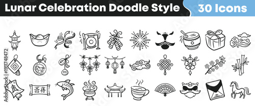 Thirty charming doodle style icons representing various elements of traditional lunar new year celebrations and festive occasions