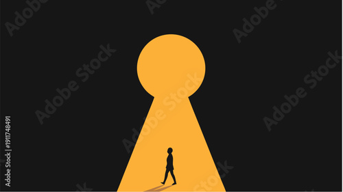 Person stepping into opportunity with keyhole silhouette