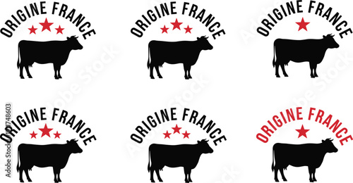 French beef origin label collection, Origine France cow silhouettes with stars, premium meat certification badges for food packaging, branding, butcher shops