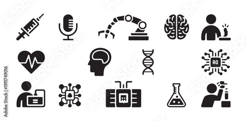 Set of biotechnology and medical icons including dna syringe brain and robotic technology elements