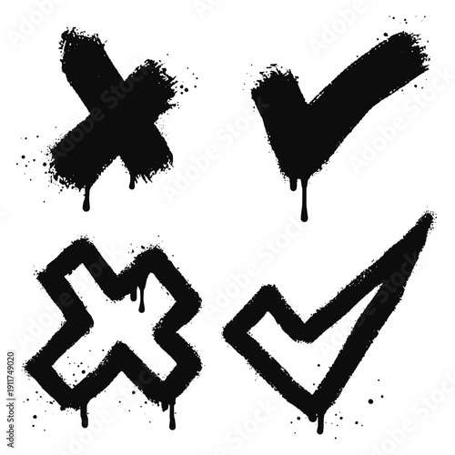 Check sign. Spray painted graffiti check mark in black over white. isolated on white background