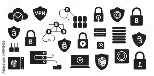 Set of cybersecurity icons covering topics like blockchain cryptocurrency vpn and data protection