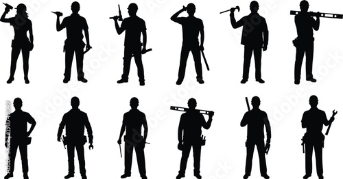 Builder and technician silhouettes holding hammer, wrench and level isolated on white background, construction profession collection
