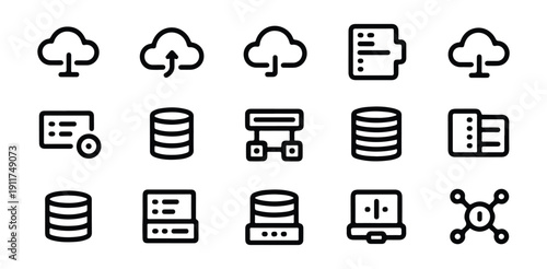 Network storage and cloud computing line icon set for data management and web hosting services web