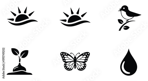 Nature Elements Collection Flower Bird Sun Sprout Butterfly Water Vector Illustration