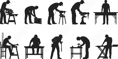 Carpenter worker silhouettes set showing woodworking, sawing, drilling, hammering and cutting activities isolated on white background, construction industry theme