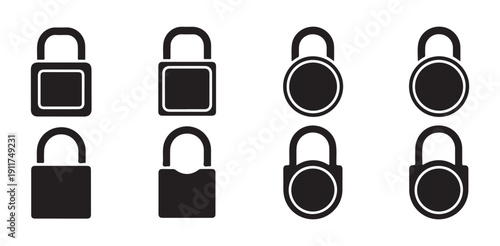 Collection of eight padlock icons in black silhouette on white background