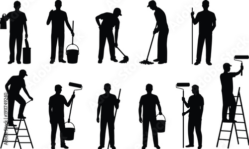 Cleaning worker silhouette set with mop bucket ladder and roller, janitor team isolated on white background