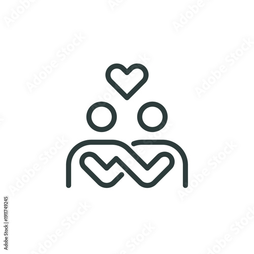 Empathy people, emotional support thin outline icon. Minimalist line sign couple human symbols hugging each other and heart. Vector isolated pictogram perfect for web app infographic editable stroke.