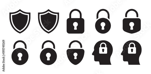 Collection of security icons featuring shields padlocks and locked heads