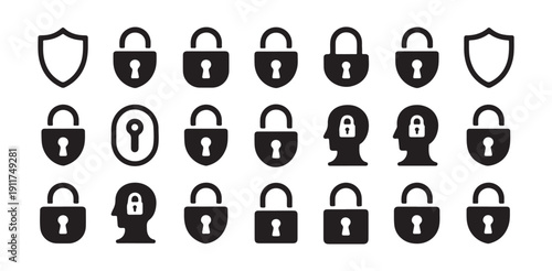 Assortment of security and privacy icons including shields and locked heads