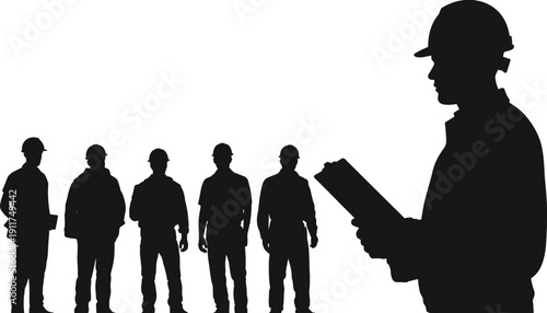 Construction supervisor reading clipboard with worker team silhouettes in background, professional builders lineup isolated on white vector