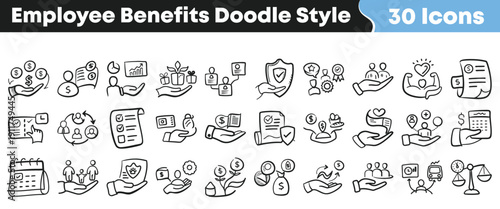 A collection of thirty hand drawn doodle style icons representing various employee benefits and human resources concepts for business illustration.