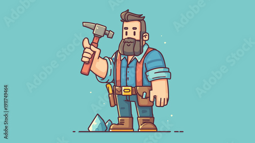 A cartoon of a bearded man in work clothes holding a hammer, with a rock and blue background