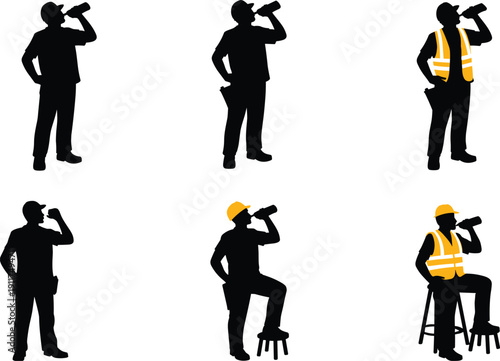 Construction worker drinking water silhouettes, labor break time, safety vest and helmet, isolated black figures