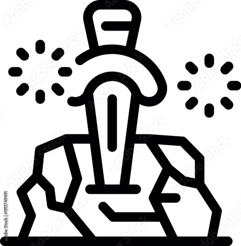 Magic sword is thrust into a stone, emanating sparkling effects, creating a captivating fantasy scene