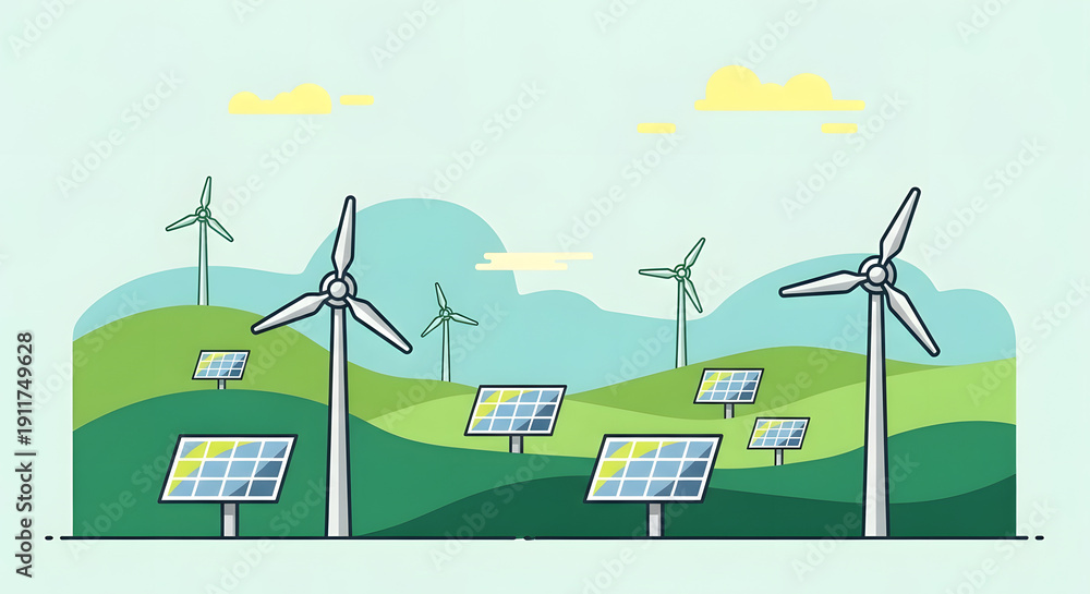 Fototapeta premium Renewable energy landscape with wind turbines and solar panels on hills