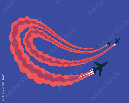 Aerobatic Jet Formation With Red Smoke Trail Display