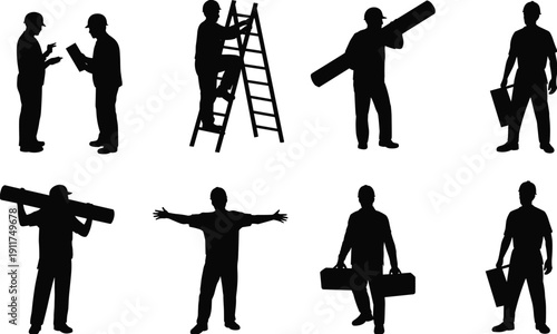 Construction worker silhouettes carrying ladder, pipes and toolboxes, supervisor discussion, full body figures isolated on white background
