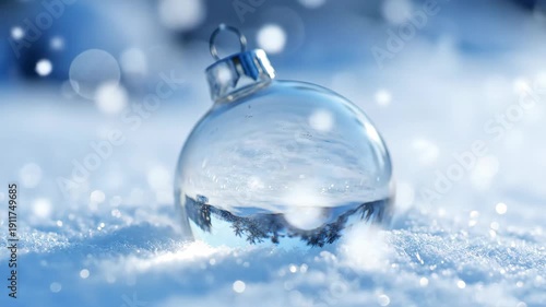 Transparent glass holiday ornament resting on sparkling white snow with festive winter bokeh lights