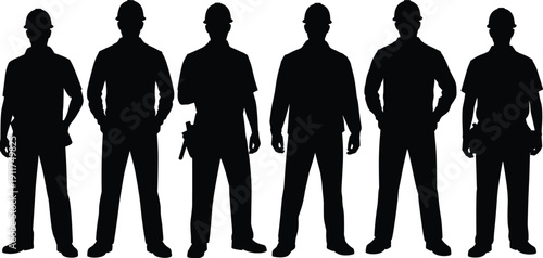 Construction worker silhouettes in hard hats standing front view, professional builders team isolated on white background