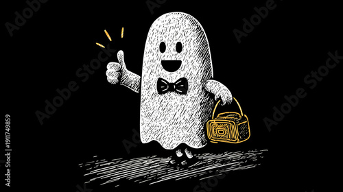 A cartoon ghost with a bowtie and trick-or-treat bag gives a thumbs up on a black background
