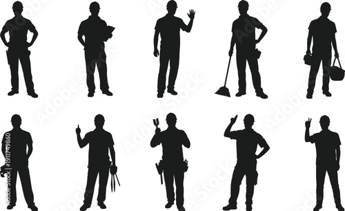 Construction worker silhouettes set showing builder team with tools, waving and pointing poses isolated on white background