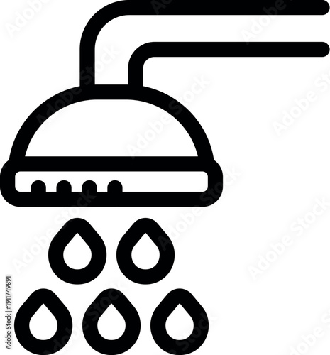 Simple line icon of a shower head pouring water, representing bathroom, hygiene, and daily refreshment