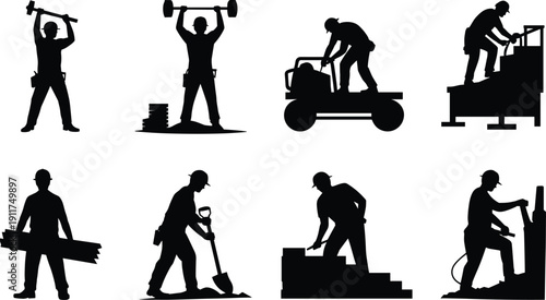 Construction worker silhouettes set, builders lifting tools and materials, industrial labor activities, handyman profession collection, isolated black