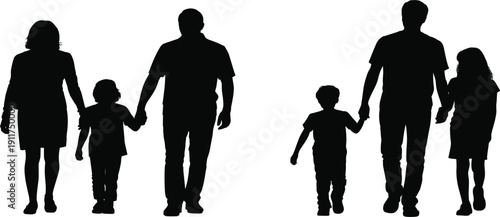 Happy family walking together silhouette vector illustration, showing parenthood, childhood, love and healthy lifestyle support concept