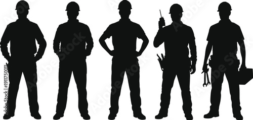 Construction worker silhouettes set, technicians with tools and equipment, industrial labor profession, isolated black figures