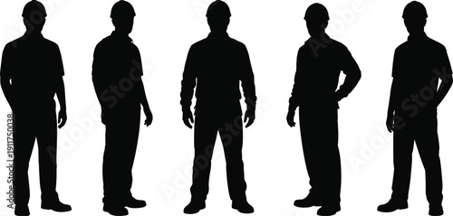 Construction worker silhouettes standing in different poses, builders isolated on white background