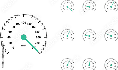 Minimalist speedometer vector set, 10 car dashboard gauges with teal needles, automotive speed measurement icons for performance tracking