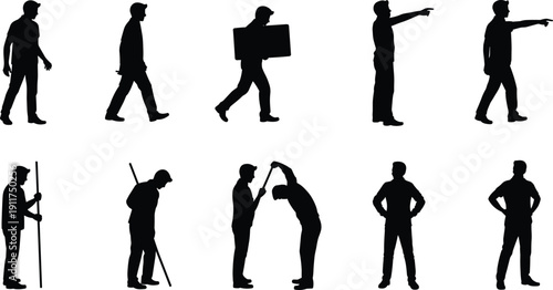 Construction worker silhouettes walking carrying board pointing discussing and standing, builder team isolated on white background