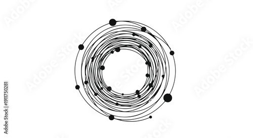Abstract circular network connections concept with black lines and dots on white background, symbolizing relationships and communication in modern technology and business
