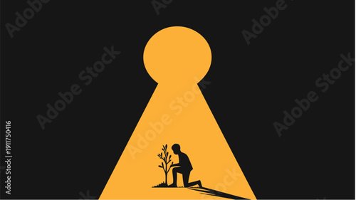 Person planting tree in spotlight on hill