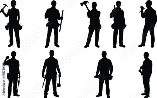Construction worker silhouettes with hammer, wrench and tool belt isolated on white background, professional builder set