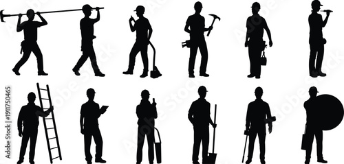 Construction worker silhouettes with ladder, hammer, extinguisher and tool poses isolated on white, professional trade collection