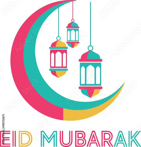Modern Colorful Crescent Moon with Hanging Lanterns Eid Mubarak Islamic Festival Vector Illustration