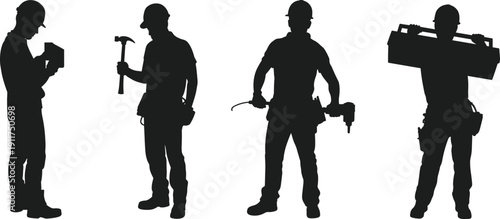 Construction worker silhouettes, builder with hammer and tools, industrial labor profession set, isolated black figures