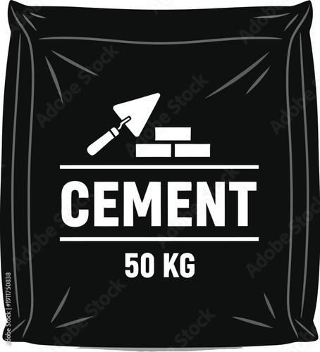 Black cement bag with trowel and bricks, industrial vector icon, close-up view
