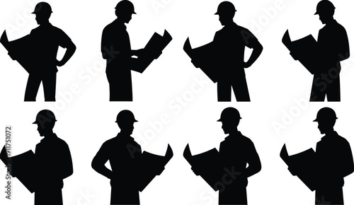 Architect and engineer silhouettes, workers reading blueprint plans, construction project management, isolated black figures