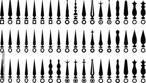 Decorative finial spearhead silhouette set, ornamental design variations, architectural motif artwork, vector illustration, editable, isolated decorative graphic for fencing and metalwork