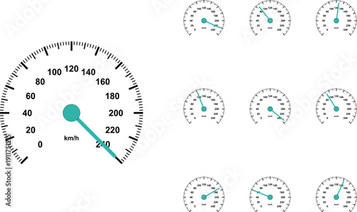 Modern speedometer vector set with 10 gauge icons, car dashboard dial collection in km/h, teal and black automotive performance indicators