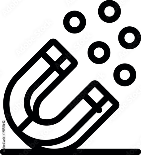 Minimalist vector illustration of a horseshoe magnet pulling small round objects, symbolizing magnetic force, attraction, and influence