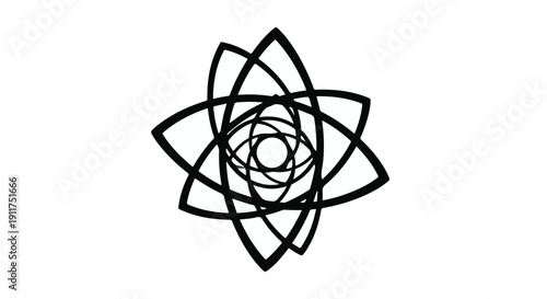 Geometric flower mandala illustration, black lines on white background, abstract design element, modern minimalist art, decorative symbol, spiritual icon