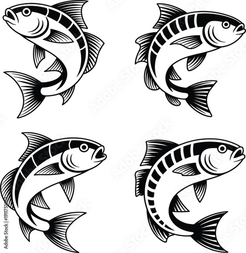 Jumping tuna fish vector set, showing marine life, aquatic animal, nature, seafood and fishing concept