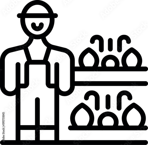 Farmer cultivating seedlings using vertical farming shelves, representing sustainable agriculture and efficient space utilization